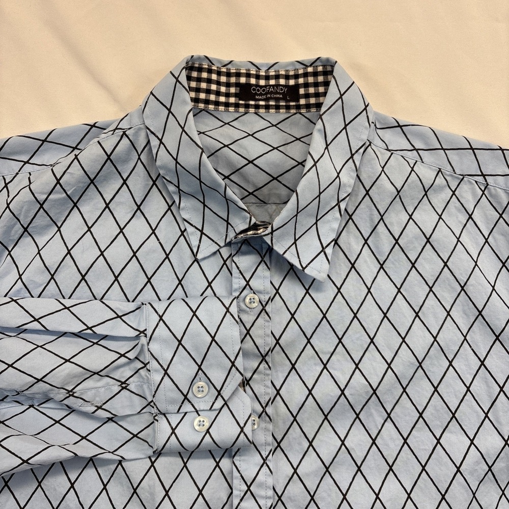COOFANDY Men's Shirt LG Blue Diamond Long Sleeve Casual Dress Plaid Collar Flip